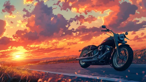 Custom cruiser motorcycle under cinematic sunset sky.