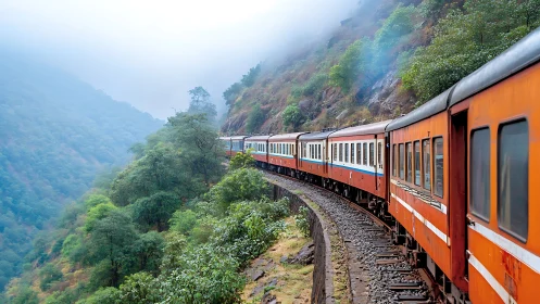 Curving mountain railway convoy in mist-laden forest corridor.