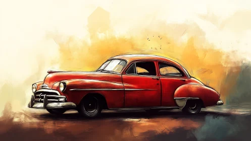 Vintage red sedan rendered in expressive digital brushwork.