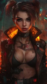 Battle-scarred cyberpunk rebel under neon embers.