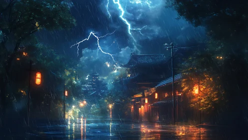 Stormlit traditional street under heavy rain and lightning