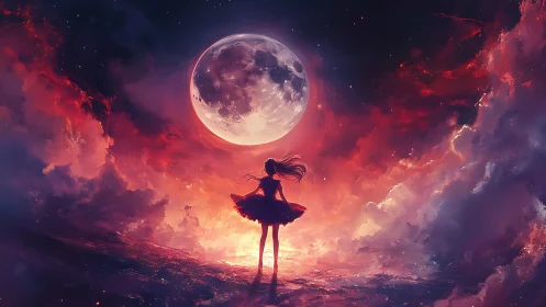Moonlit dreamer dancing beneath crimson cosmic clouds.