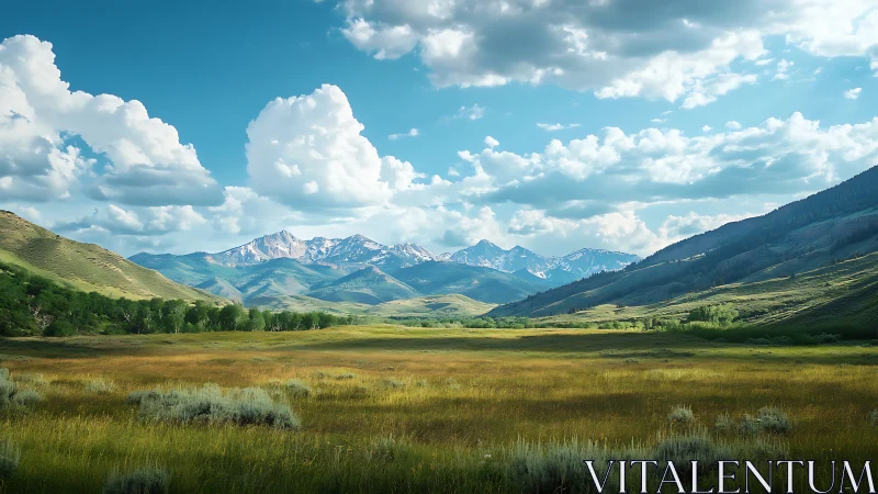Mountain valley meadow under expansive cloud filled sky.
