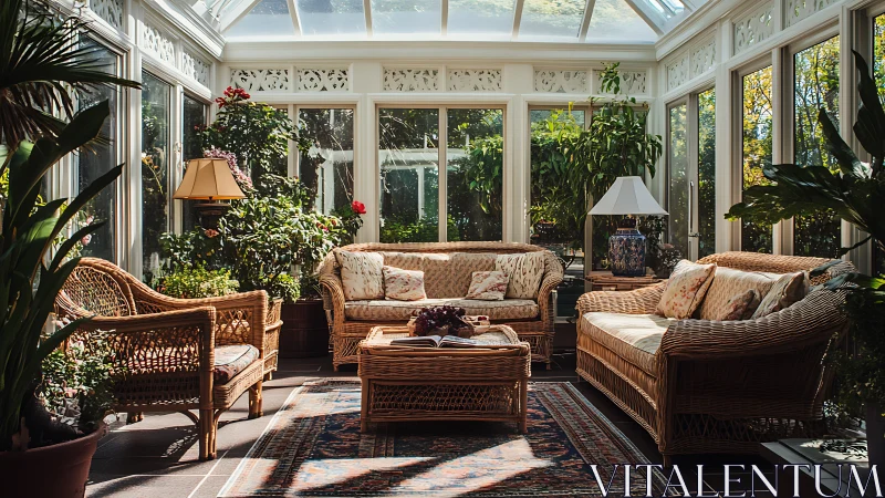 Conservatory seating area shows wicker sofas, plants and skylight