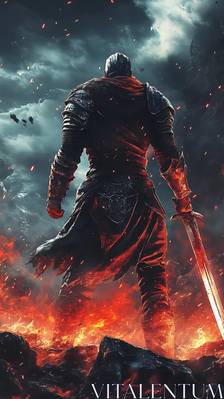 Armored warrior stands over burning lava field, sword drawn