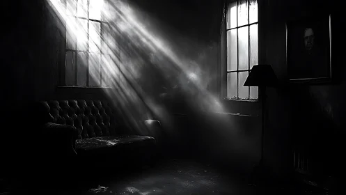 Ghostly light pierces an abandoned monochrome living room.