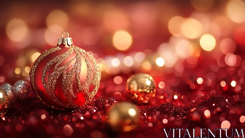Photorealistic red bauble with glitter bokeh depth-of-field ornamentation.