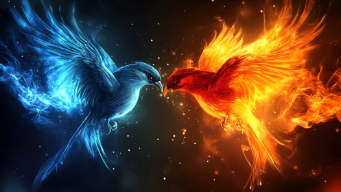 Fiery Phoenix and Icy Bluebird in Dramatic Digital Fantasy Art.