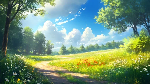 Sunlit dirt path curves through wildflower meadow toward trees