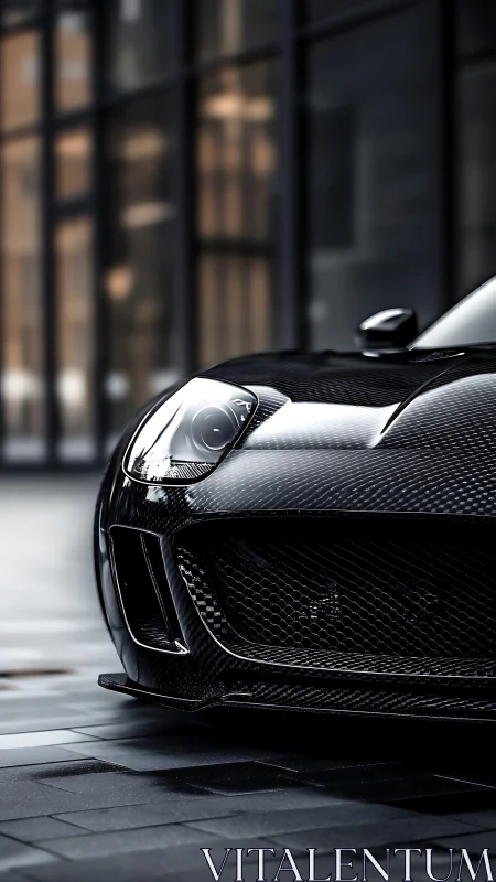 Carbon fiber supercar front detail with urban reflections.