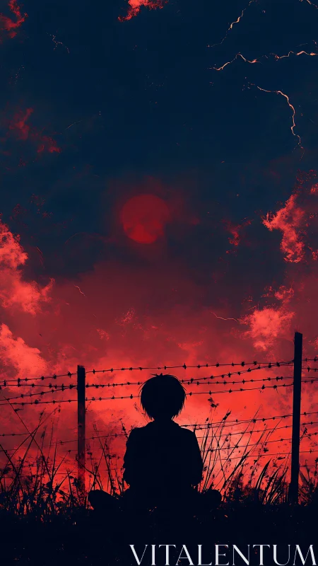 Silhouetted figure at barbed fence under red storm sky.