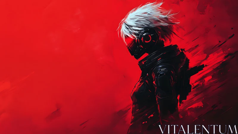 Crimson echo drifter with white hair in glitching shadows.