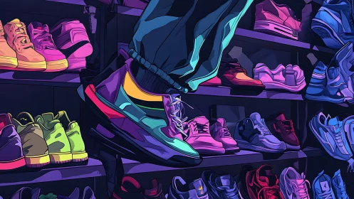 Neon sneaker wall where bold color and street style meet.