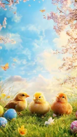 Spring chicks amid blossoms and painted Easter eggs.