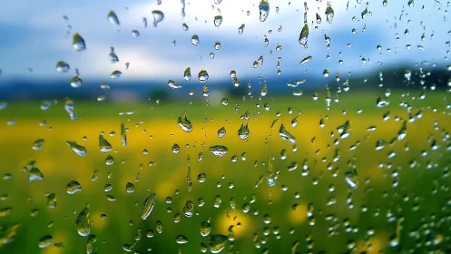 Raindrop constellations over blurred summer meadow window.