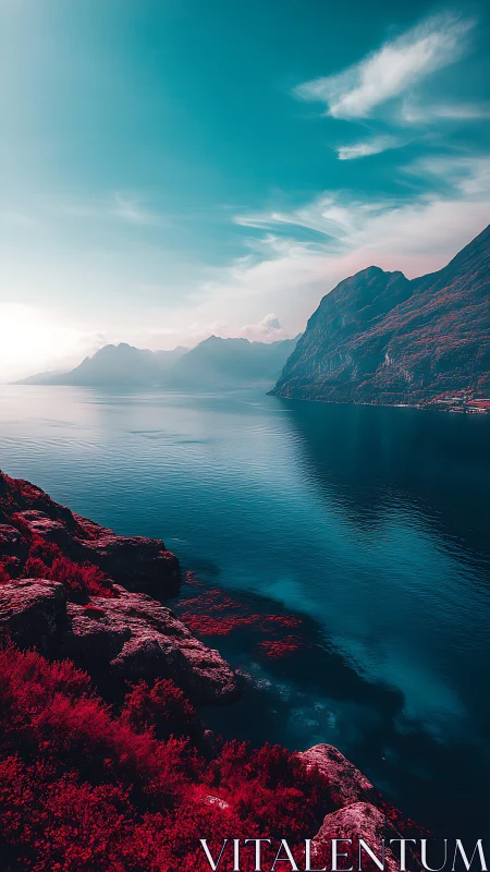 Crimson shoreline meets teal mountains in surreal calm.