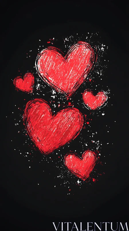 Red Hearts Scattered on Black Background with Texture