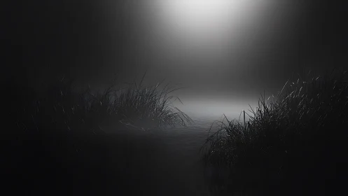 Monochrome misted marsh study with dramatic axial lighting.