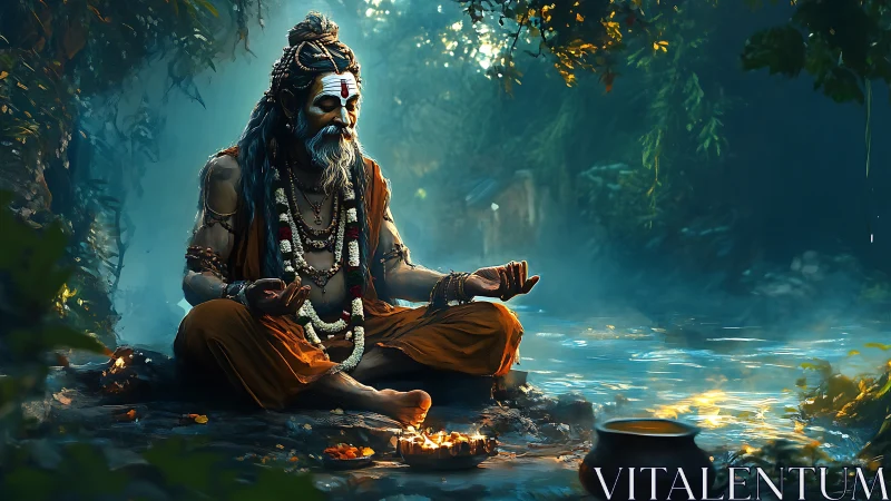 Solitary ascetic sits in lotus pose by misty forest river