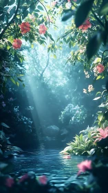 Enchanted jungle pool glows in soft morning light.