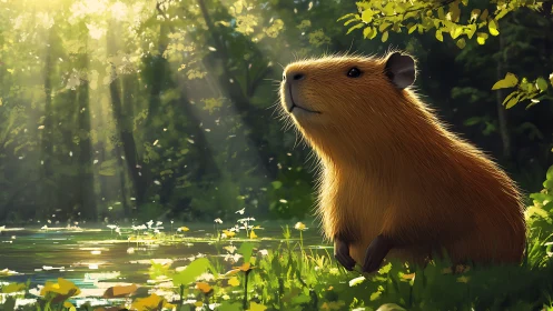 Capybara illuminated by volumetric forest sunlight beside pond