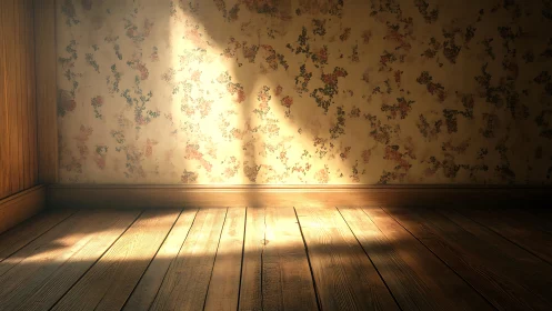 Photorealistic sunlit corner with aged floral wallpaper study.