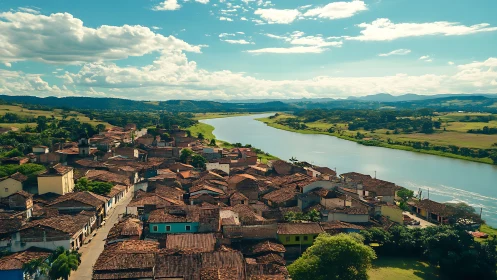 River-hugged hill town glowing under a wide open summer sky.