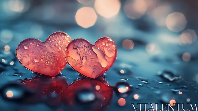 Two Red Glass Hearts with Water Droplets on Blue Surface.
