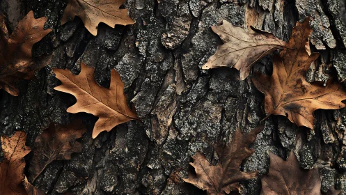 Autumn oak leaves rest on rugged bark in high-contrast detail