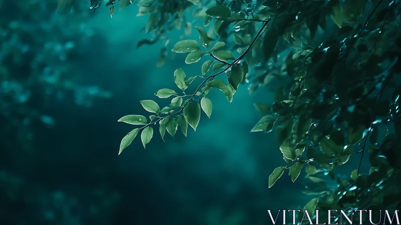 Dew-covered green leaves on branch in dreamy teal forest scene.
