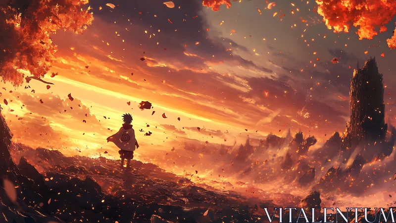 Fiery anime wanderer gazes across a blazing sunset realm.