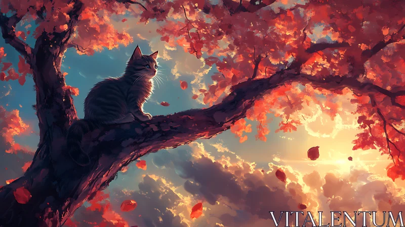 Cat perched on branch amid autumn foliage rendering