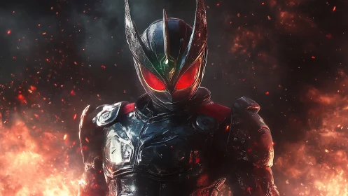 Armored cybernetic warrior emerges from infernal flames