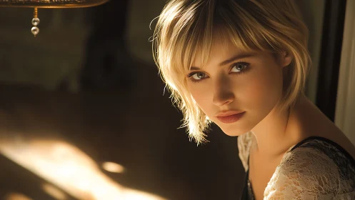 Soft golden portrait captures serene, introspective gaze beautifully.