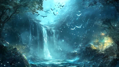 Enchanted moonlit waterfall with luminous spirit birds.
