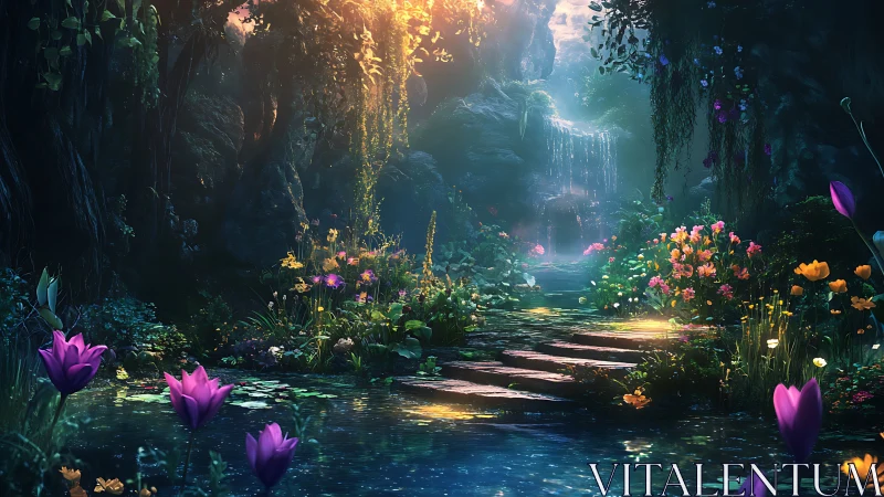 Sunlit enchanted garden welcomes quiet, dreamlike wanderings