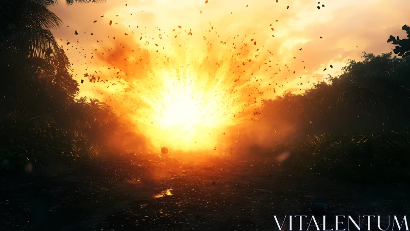 Jungle road explosion under intense sunset fireball.