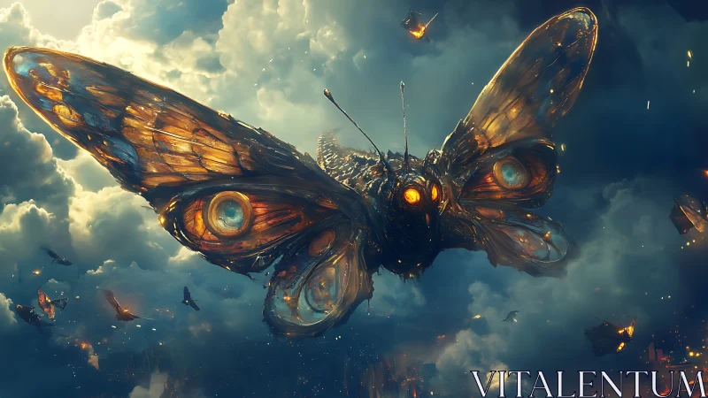 Gigantic biomechanical moth storms through burning twilight clouds