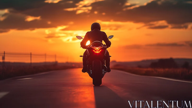 Motorcyclist rides empty highway under vivid sunset sky.