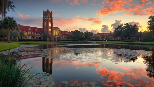 Sunset reflects over campus lake and historic brick tower.