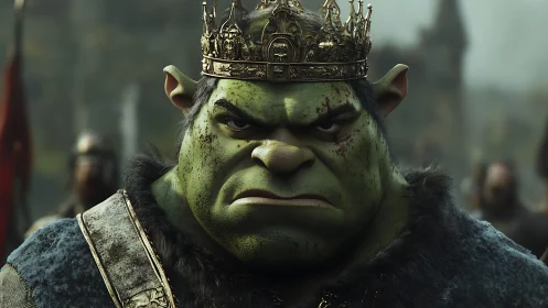 Battle-worn ogre king glares forward in cinematic close-up
