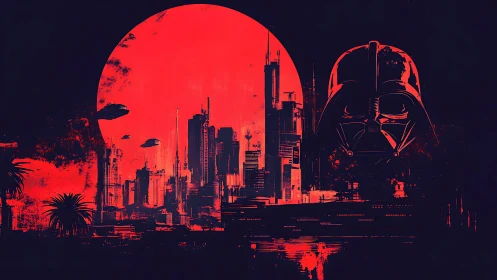 High contrast sci fi skyline under red celestial disc with mask silhouette