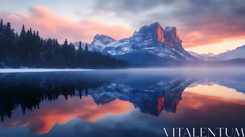 Gentle sunrise over calm mountain lake and glowing peaks.