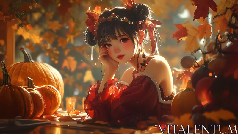 Young woman in red amid pumpkins and autumn foliage.
