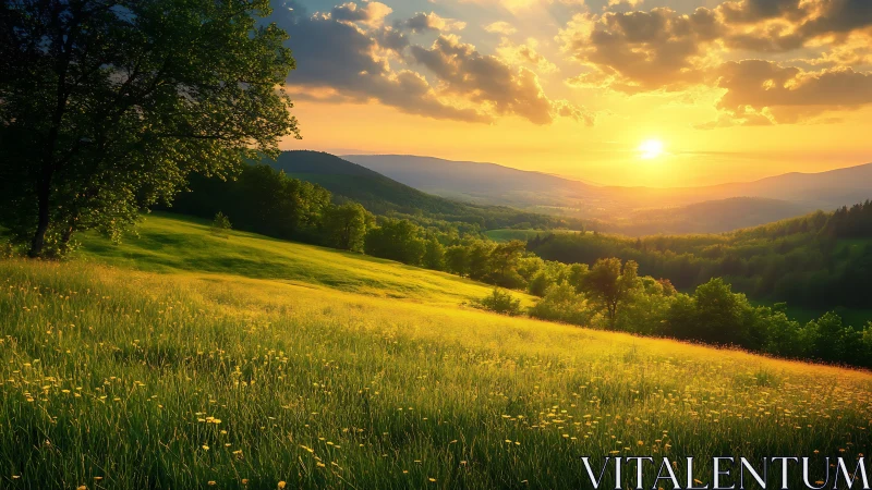 Sunlit alpine meadow slope with distant rolling forest ridges