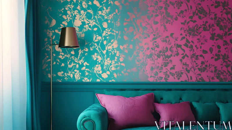Teal velvet sofa with magenta accent wall and metallic floor lamp
