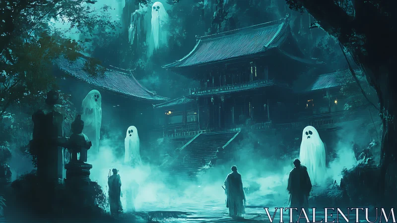 Ghostly spirits drift above a misty temple courtyard at night