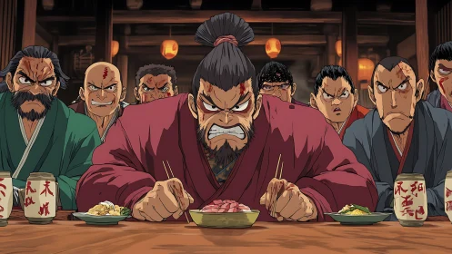 Anime samurai banquet confrontation in dynamic frontal focus.