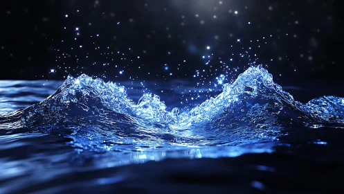 Shimmering blue wave splashes under a softly glowing night sky.