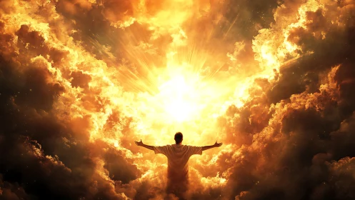 Embracing radiant light within a glowing golden sky portal.